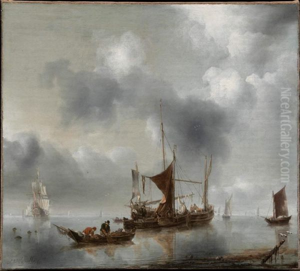 Seascape with a 'kaagschip', a 'smak', fishermen pulling in their nets and a Dutch frigate - view 1