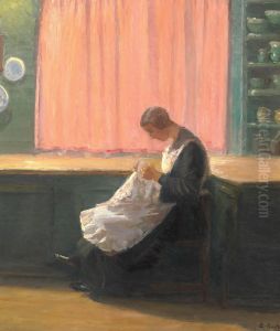 When the day is done. Young girl sewing. by Anna Ancher