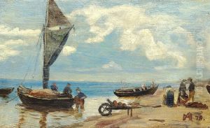 Coastal view of fishermen at their boats. Study.