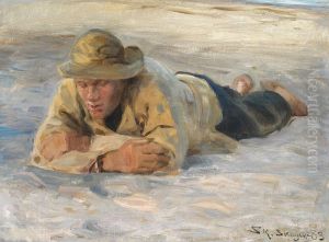 A fisherman resting in the sand with his chest against his arms. Study. by Peder Severin Kroyer