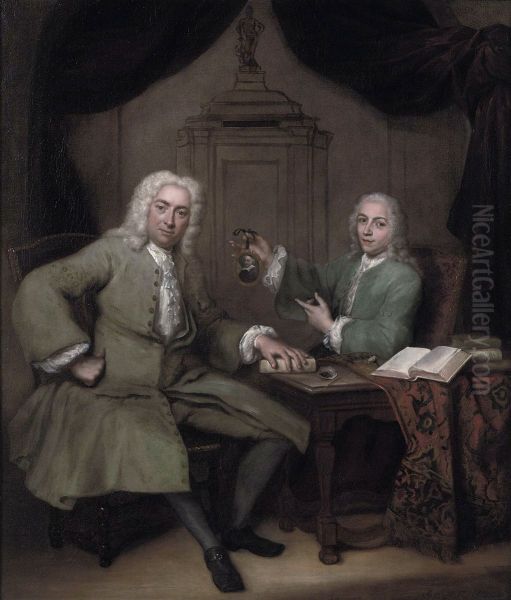 Double portrait of Michiel de Roode (1685-1771) and Jan Punt (1711-1779) holding a portrait miniature of Joost van den Vondel - view 1