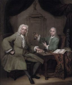 Double portrait of Michiel de Roode (1685-1771) and Jan Punt (1711-1779) holding a portrait miniature of Joost van den Vondel by Jan Maurits Quinkhard
