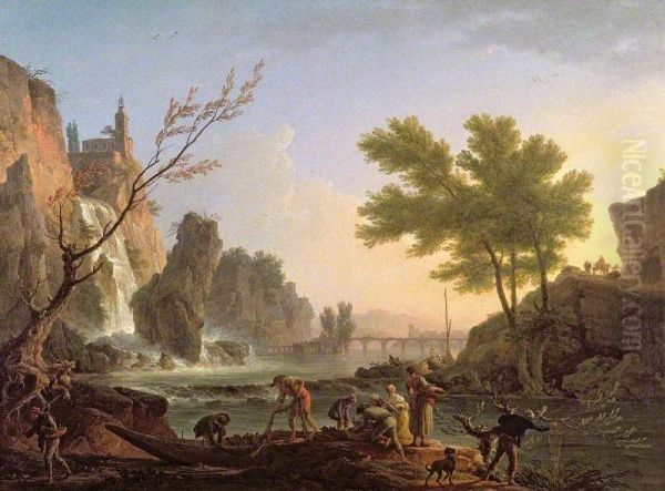 Fishermen in a Landscape with a Cascade and a Bridge - view 1