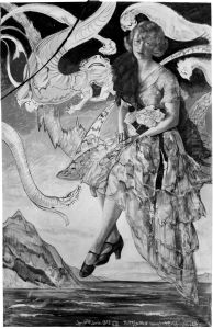 Portrait of Maria Galynska in a landscape with monsters by Stanislaw Ignacy Witkiewicz (Witkacy)