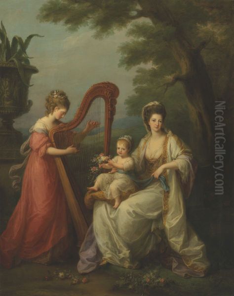 Portrait of Lady Elizabeth Smith-Stanley, Countess of Derby, with her infant son Edward, later 13th Earl of Derby, and her half-sister, Lady Augusta Campbell, playing the harp - view 1