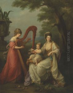Portrait of Lady Elizabeth Smith-Stanley, Countess of Derby, with her infant son Edward, later 13th Earl of Derby, and her half-sister, Lady Augusta Campbell, playing the harp by Angelica Kauffmann
