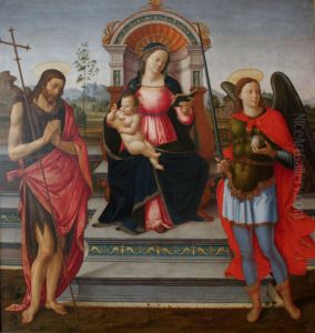 Thronende Maria mit dem segnenden Kind, Johannes dem Taufer und dem Erzengel Michael by Francesco Granacci
