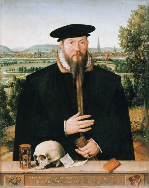 Portrait of Hermann Huddaeus in front of a view of the city of Minden - view 1