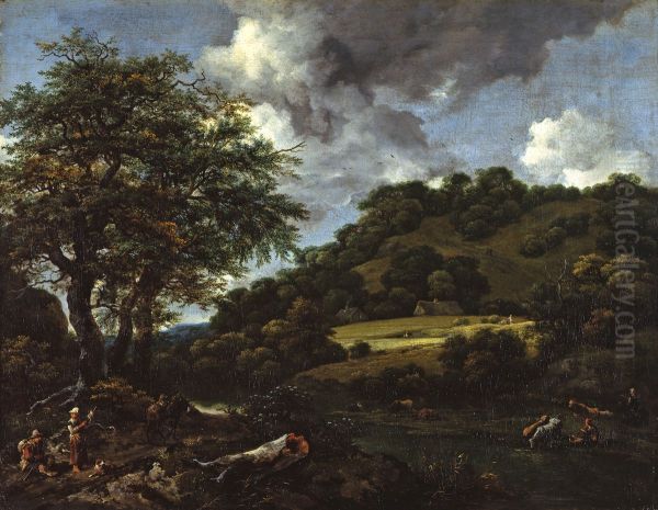 A Hilly Landscape with Tall Oaks - view 1
