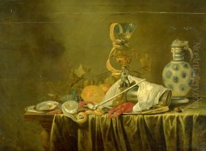 Stilleben mit Glaspokal und Steinwerkzeug by Cornelis Mahu