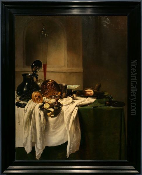 Stilleben mit Zinnpfanne und Stangenglas in einer Mauernische - view 1