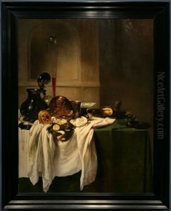 Stilleben mit Zinnpfanne und Stangenglas in einer Mauernische by Jan Jansz Den Uyl