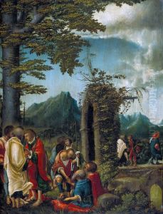 Der Abschied der Apostel in waldiger Landschaft by Albrecht Altdorfer
