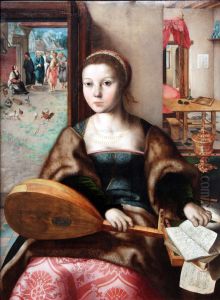 Mary Magdalene with in the background Christ with Martha