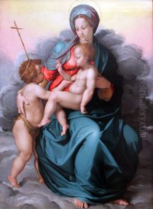 Madonna with Child and Saint John the Baptist on clouds by Jacopino del Conte