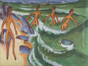 Bathers on the beach of Fehmarn