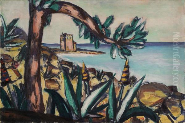Meerlandschaft mit Agaven und altem Schloss - view 1