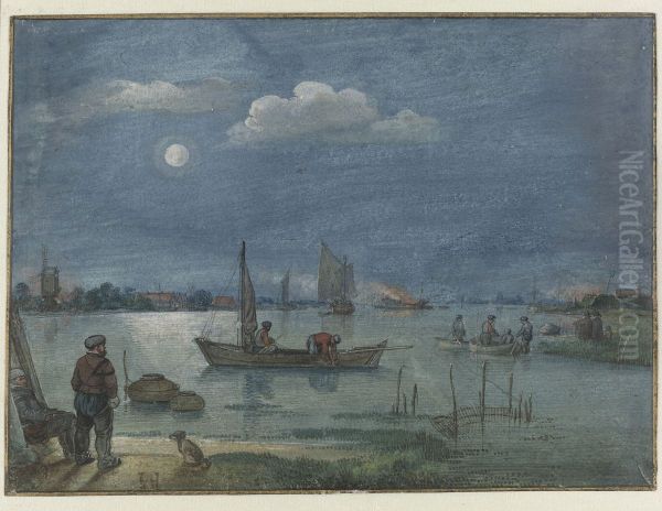 Moonlit River Landscape with Fishermen - view 1