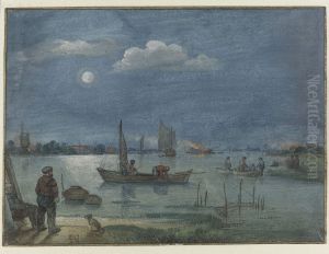 Paisaje fluvial a la luz de la luna con pescadores by Hendrick Avercamp