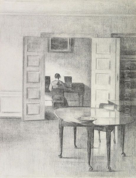Interior with a woman at a piano. - view 1