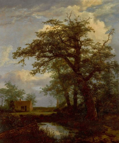 A wooded landscape with an oak tree, pond and houses beyond - view 1
