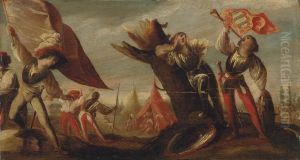Landscape with a  soldier sounding a trumpet and a standard bearer, a military encampment beyond