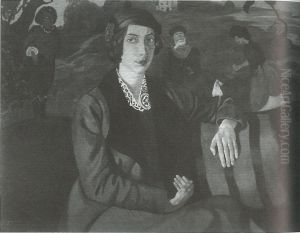 Portrait of Eugenia Dunin-Borkowska, with paintings in the background by Stanislaw Ignacy Witkiewicz (Witkacy)