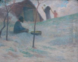Famille De Paysans Pres D'un Hangar by Eugene Cadel