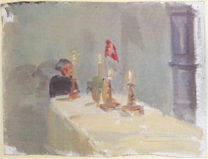 Fodselsdag. En kvinde for enden af et bord med lys og flag. by Anna Ancher