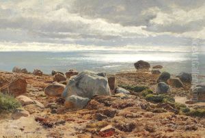 Store sten pa stranden med havet i baggrunden. Store sten pa stranden med havet i baggrunden.