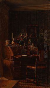 Interior med et Rococo Skrivechatol og en laederbetrukket hojrygget Egetraesstol. Paa Vaeggen Silhuetter og gamle Billeder by Kristian Zahrtmann