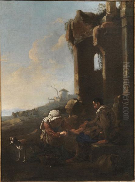 Figures in the vicinity of architectural ruins - view 1