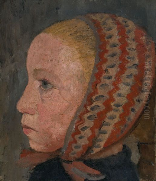 Girl's head with a striped cap in profile to the left - view 1