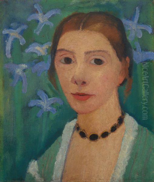 Self-portrait in front of a green background with a blue iris - view 1