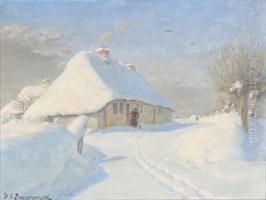 Winter landscape with a woman at a farmhouse. Winter landscape with a woman at a farmhouse.