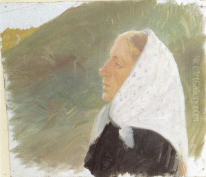 Ung kvinde i sort med hvidt hovedklaede, siddende i en klit by Anna Ancher