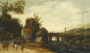 A Rocky Landscape with a Bridge over a River, Figures on a Path and on Horseback in the Foreground by Esaias Van De Velde