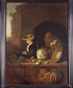 Woman selling vegetables by Quirijn van Brekelenkam