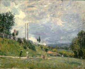 El talud del ferrocarril en Sevres by Alfred Sisley