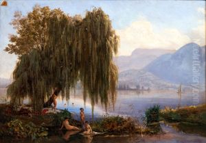 Baigneuses dans le lac d'Annecy au saule des Marquisats (Haute-Savoie)