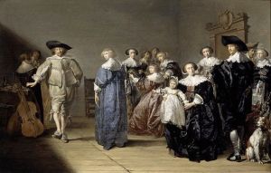 Elegant company playing music and dancing in an interior by Pieter Codde