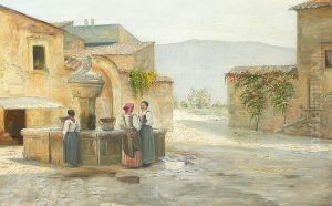 Italiensk landsby med kvinder ved en fontaene by Carl Holsoe