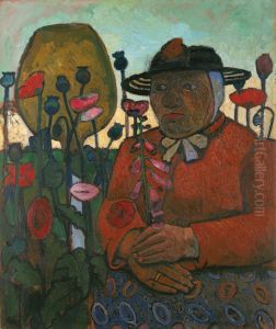 Old poor woman with a glass ball and poppies Old poor woman with a glass ball and poppies