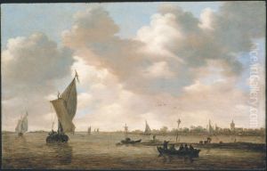 River landscape with ships near a headland