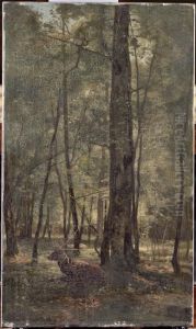 Fontainebleau : cerf au repos sous une futaie by Eugene Lavieille