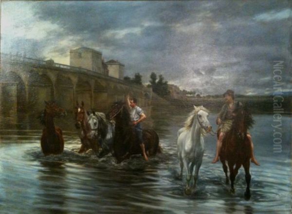Bain des chevaux sous le pont de Poissy en 1893. - view 1