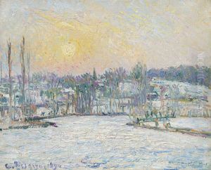 Blick auf Bazincourt, Schnee, Sonnenuntergang by Camille Pissarro