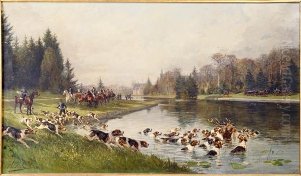 Hallali du cerf dans l'etang de Sylvie. Chasse du duc d'Aumale en 1880 - view 1