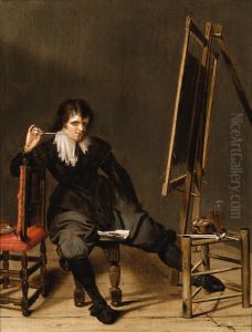 An Artist in his Studio, seated on a Stool, in front of an Easel, with a Pipe Raised to His Mouth by Pieter Codde