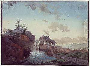 Landskap med foss og kvernhus by Heinrich August Grosch